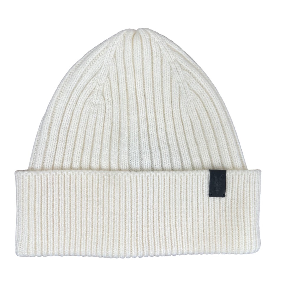 AllSaints Rib Mix Beanie Chalk White Wool Blend Ramskull Leather Patch Hat